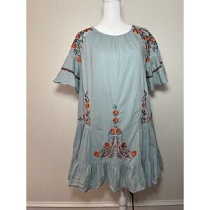 Indikah Embroidered Flowers‎ Boho Cotton Tiered Blue Mini Peasant Dress Sz XS